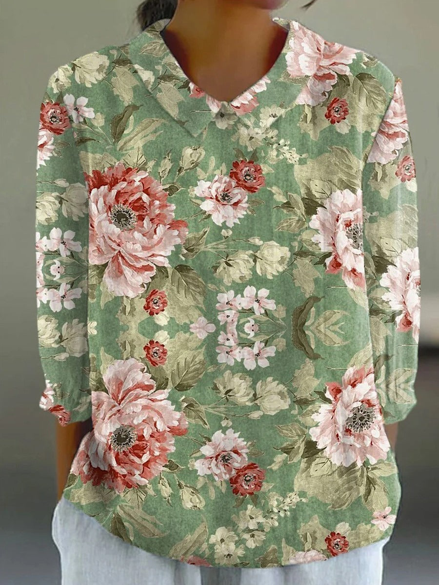 Floral Round Neck 3/4 Sleeves Casual Shirt