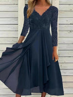Solid V-neck Long Sleeves Comfy Midi Dress