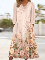 Floral Printed V-neck Lace Stitching Midi Dress