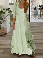 Lace Applique Light Green V-neck Floral Printed Maxi Dress