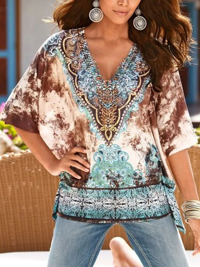 Ethnic Boho Crew Neck Batwing Sleeve Blouse