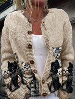 Cute Cats Pattern Casual Long Sleeve Comfy Knitted Cardigan