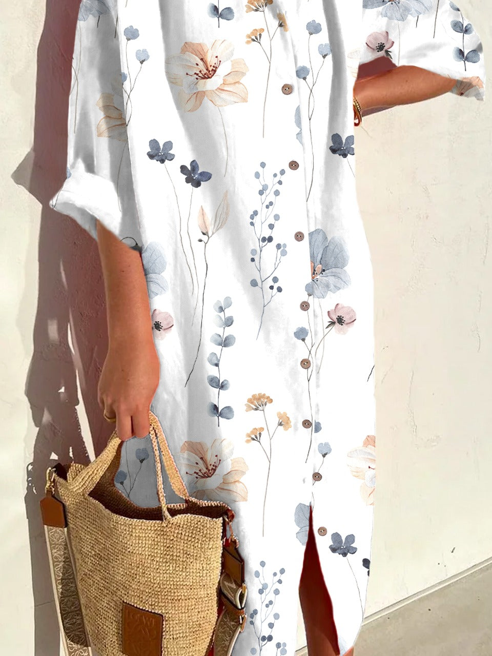 Casual Floral Loose Shirt Collar 3/4 Sleeves Shirt Midi Dress