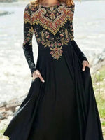 Ethnic Crew Neck Long Sleeve Regular Fit X-line Casual Maxi Holiday Dress