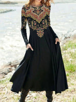 Ethnic Crew Neck Long Sleeve Regular Fit X-line Casual Maxi Holiday Dress