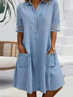 Women's Half Sleeve Summer Plain Denim Dress with Pocket and Shirt Collar Daily Casual Midi H Line Blue