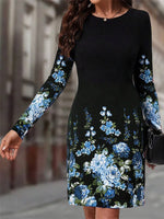 Long Sleeve Spring Fall Floral Crew Neck Midi H-Line Dress