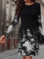Long Sleeve Spring Fall Floral Crew Neck Midi H-Line Dress