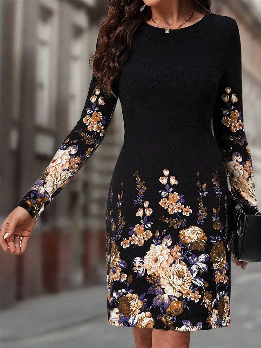 Long Sleeve Spring Fall Floral Crew Neck Midi H-Line Dress