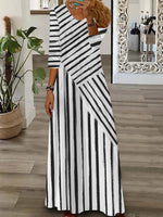 Women's Stripe V Neck Long Sleeve Comfy Casual Maxi Dress