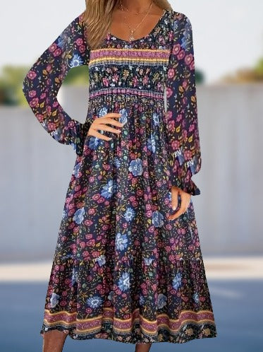 Floral Crew Neck Long Sleeve Comfy Casual Mini Dress