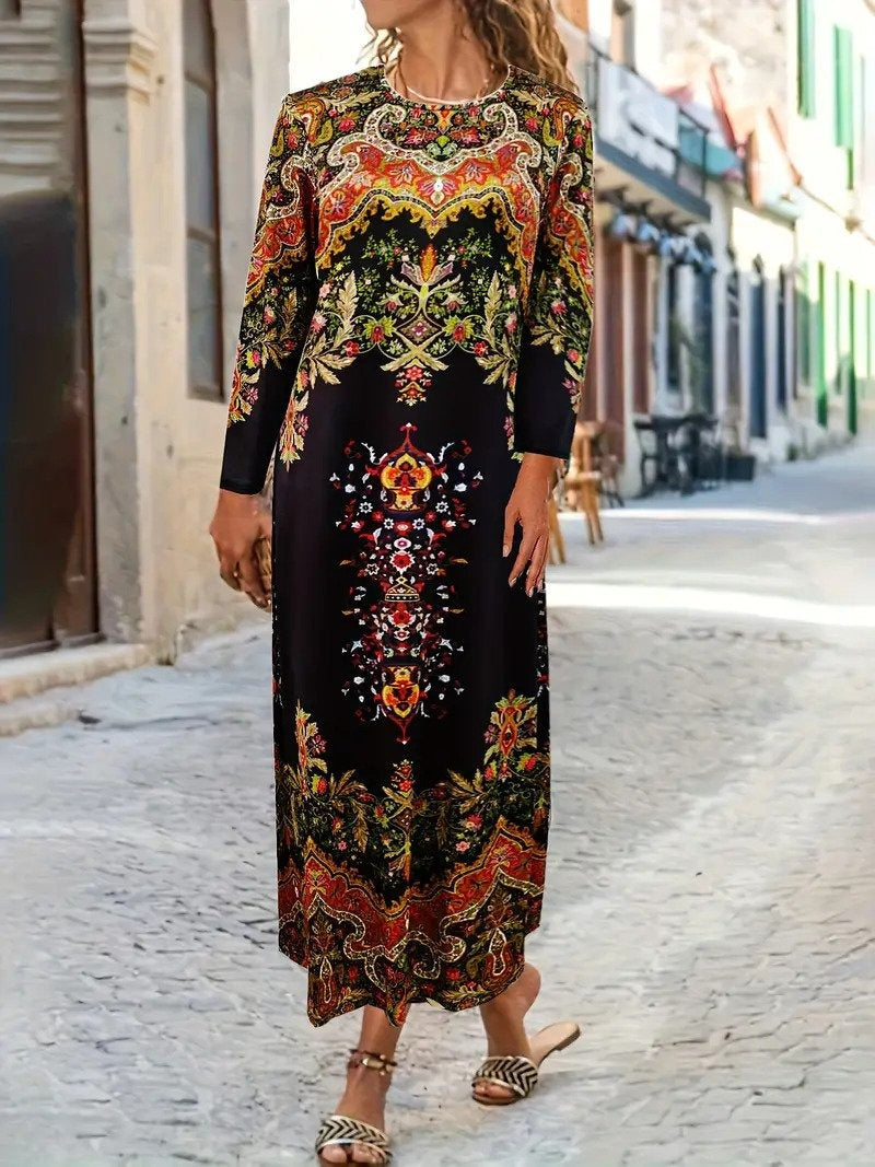 Geometric Long Sleeve Comfy Casual Maxi Dress