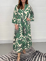 Geometric Shawl Collar Half Sleeve Comfy Casual Midi Dress