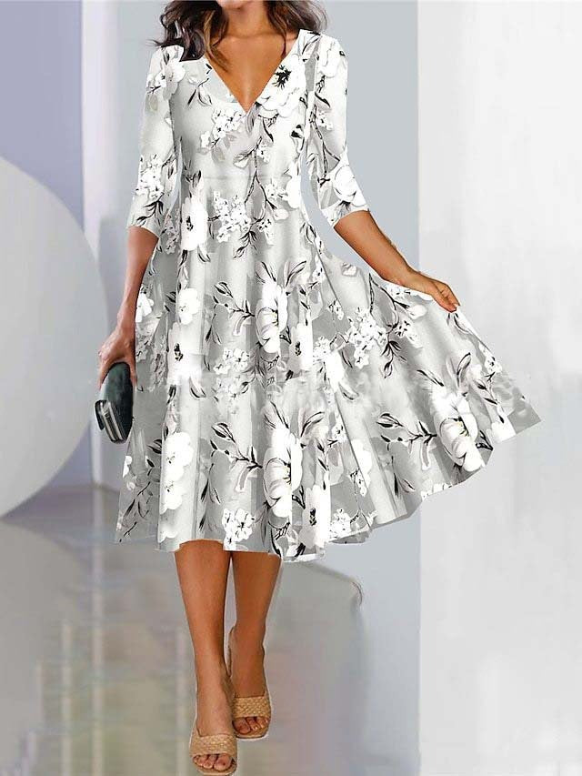 Floral V Neck Three Quarter Sleeve Comfy Casual Midi Dress