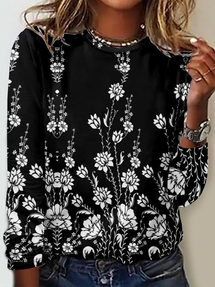 Floral Crew Neck Long Sleeve Loose T-shirt