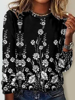 Floral Crew Neck Long Sleeve Loose T-shirt