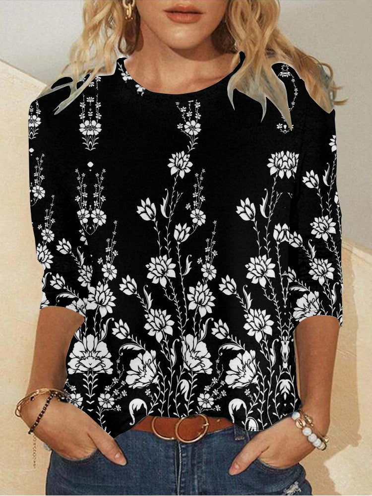Floral Crew Neck Long Sleeve Loose T-shirt