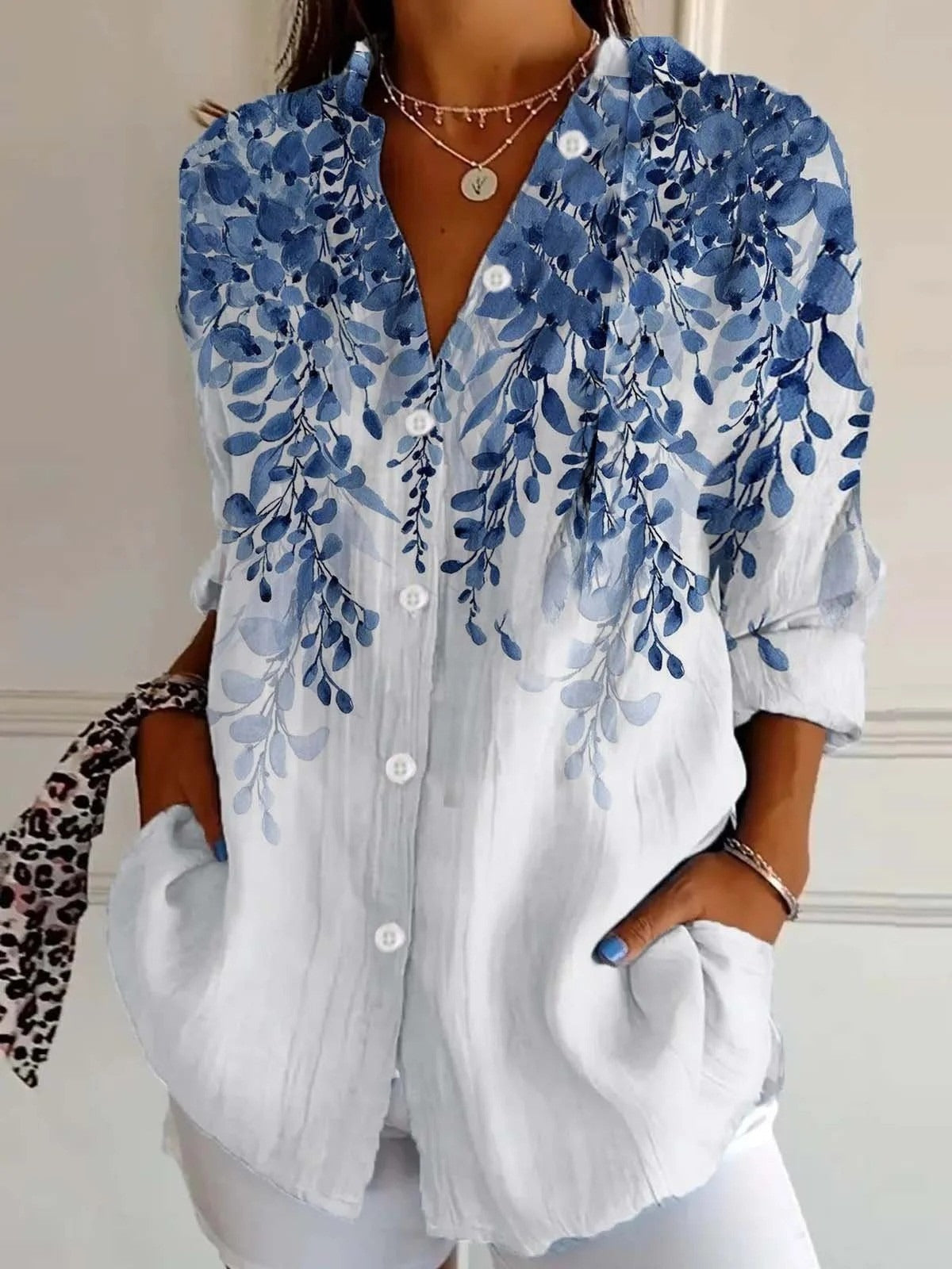 Floral Print Shirt Collar Long Sleeve Lightweight Casual Shirt