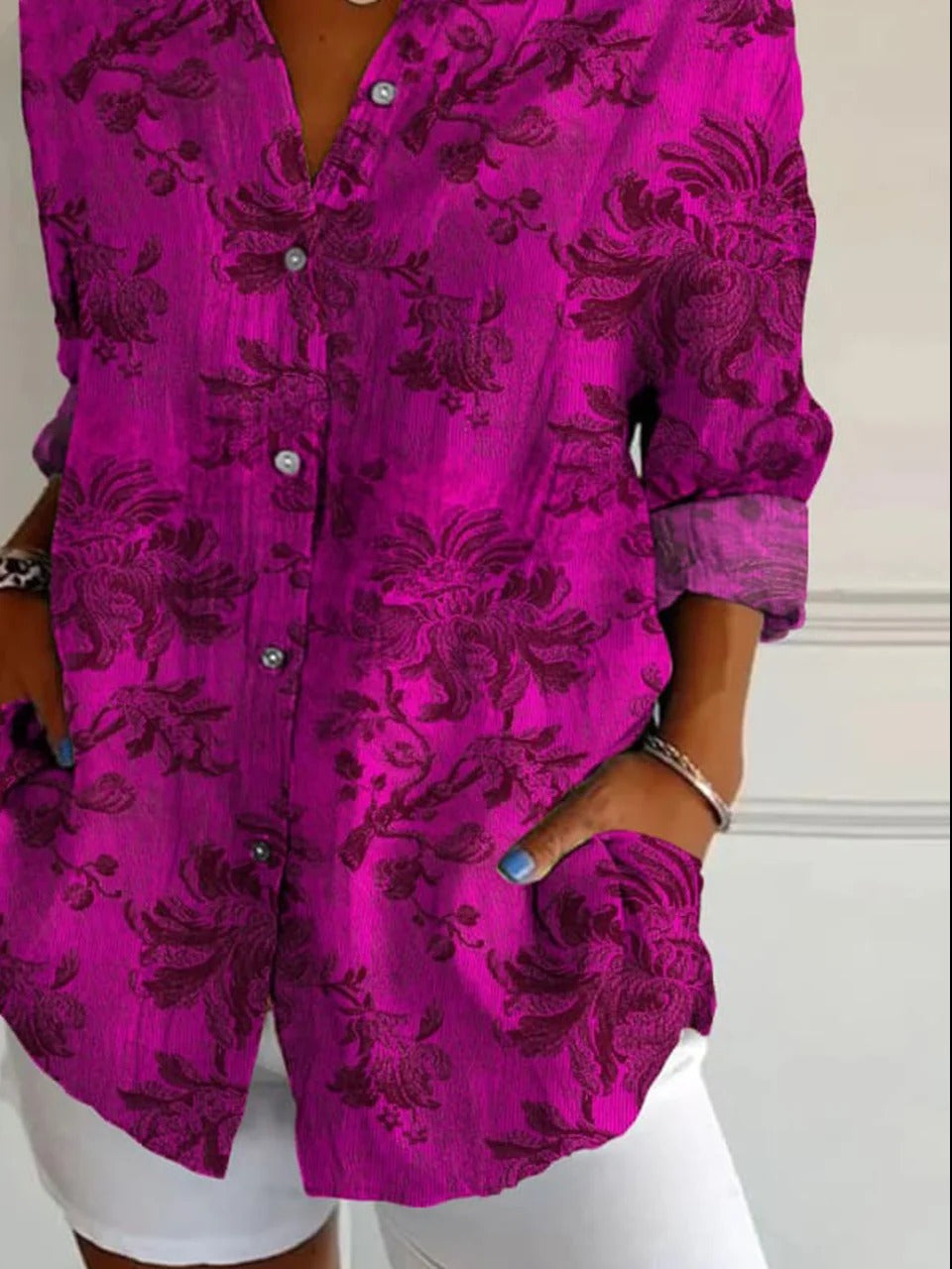 Floral Shirt Collar Long Sleeve Regular Micro-Elasticity Loose Shirt