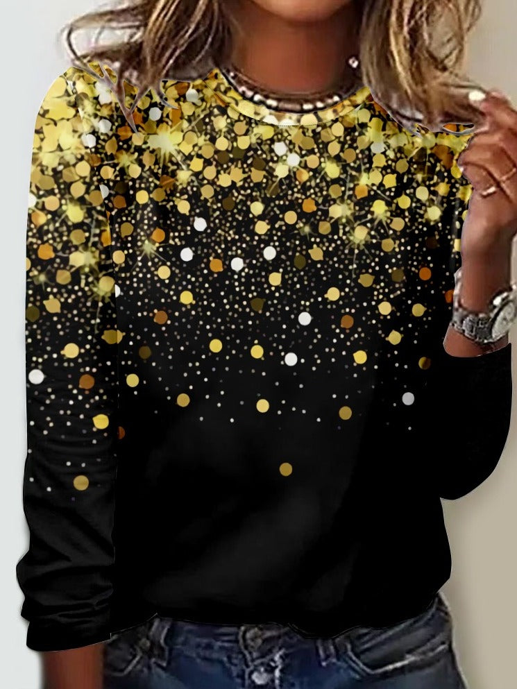 Casual Glitter Print Regular Micro-elasticity Regular Fit Crew Neck Long Sleeve Blouse