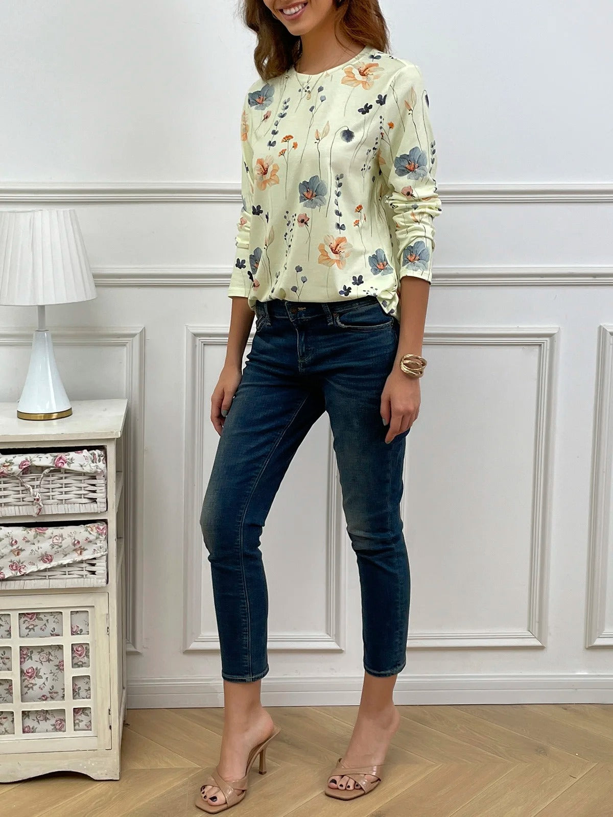 Casual Floral Print Crew Neck Long Sleeve Daily Loose Blouse