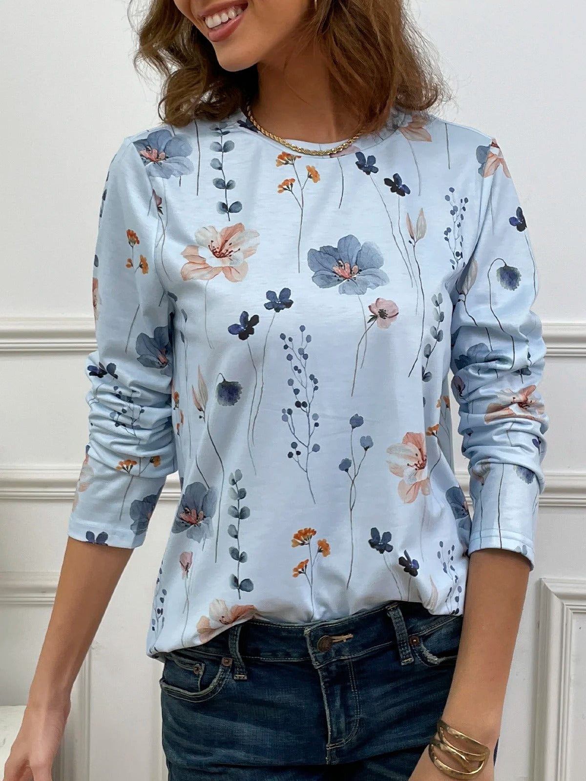 Casual Floral Print Crew Neck Long Sleeve Daily Loose Blouse