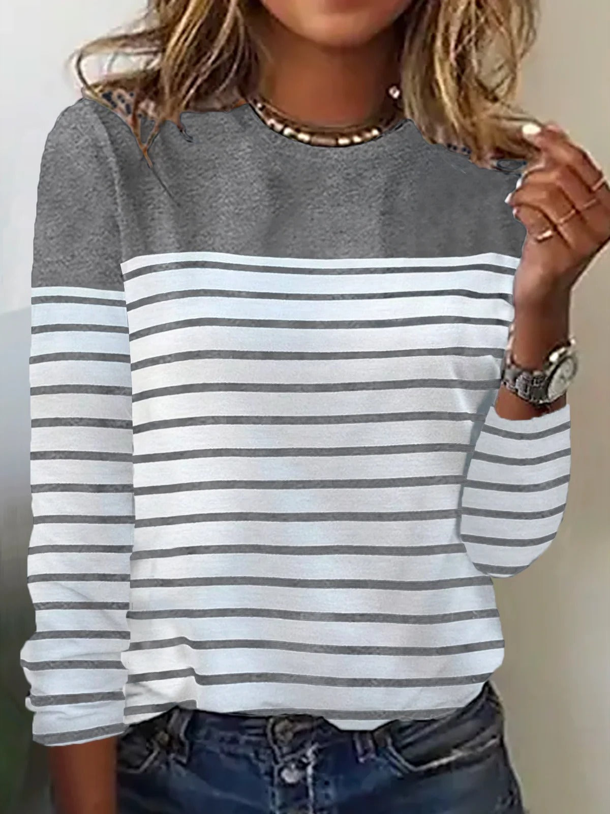 Basic Stripe Color Block Crew Neck Loose Long Sleeve Casual Blouse
