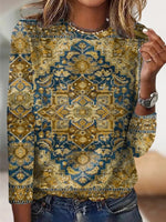 Casual Ethnic Crew Neck Long Sleeve Loose Blouse
