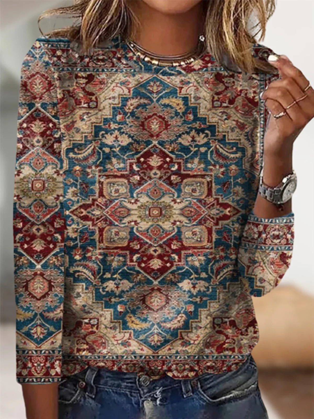 Casual Ethnic Crew Neck Long Sleeve Loose Blouse