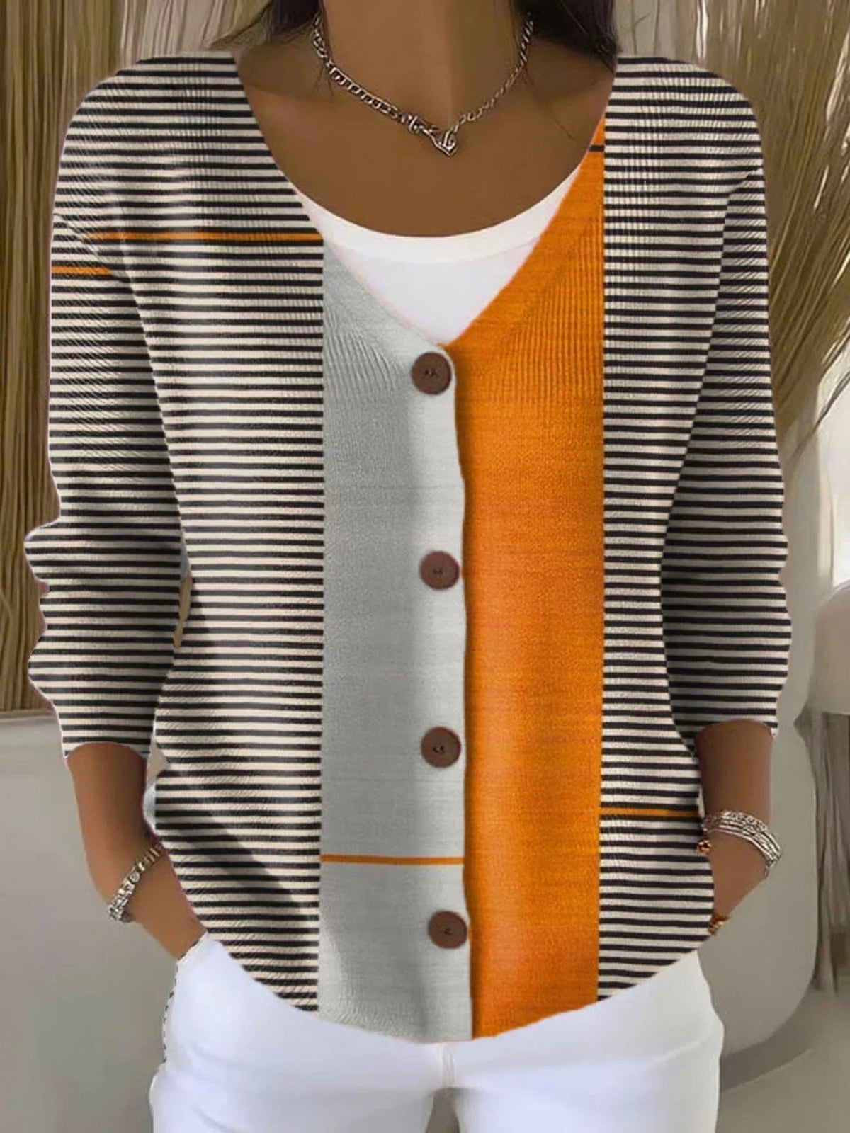 Vintage Abstract Geometry Art Print Buttoned V-Neck Cardigan Sweater