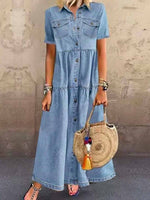 Denim Short Sleeve Collared Pockets Maxi Shirt Dress