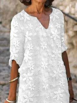 Plain Elegant Lace Floral Casual V Neck Half Sleeve Cotton Linen Short Dress