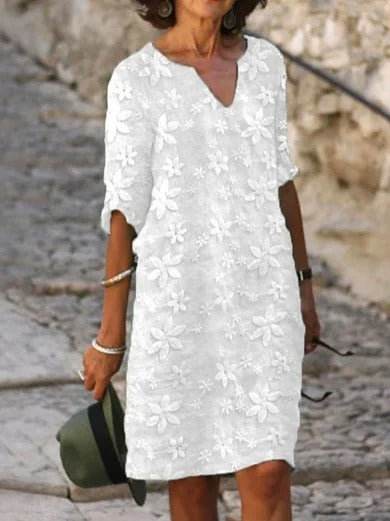 Plain Elegant Lace Floral Casual V Neck Half Sleeve Cotton Linen Short Dress
