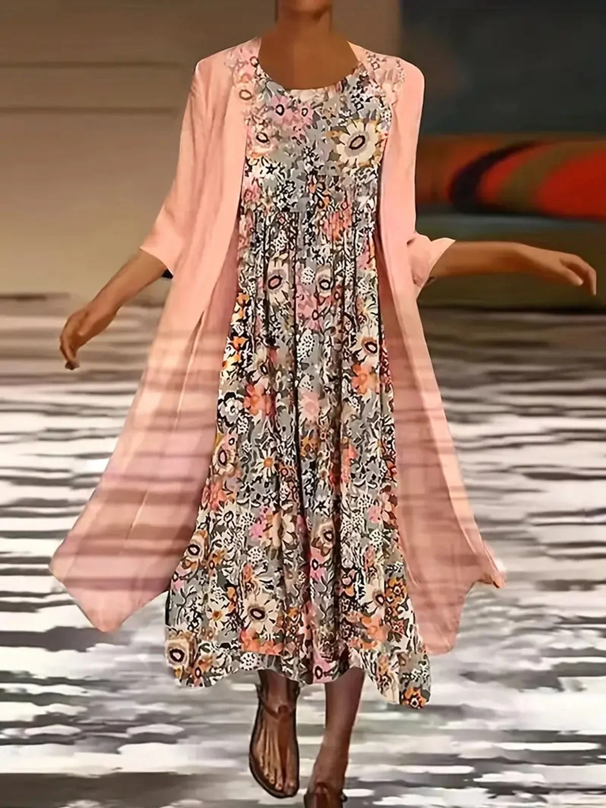 Crew Neck Floral Loose Casual Two-Piece Maxi Dress