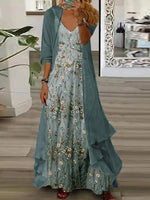 Women's Floral V Neck Three Quarter Sleeve Comfy Casual Coat With Skirt Two-Piece Set