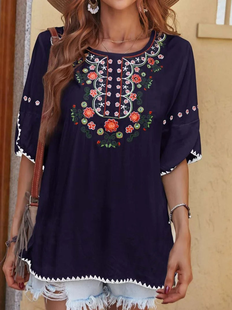Crew Neck Casual Floral Blouse