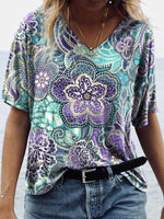 Casual Short Sleeve V Neck Cotton-Blend T-shirt