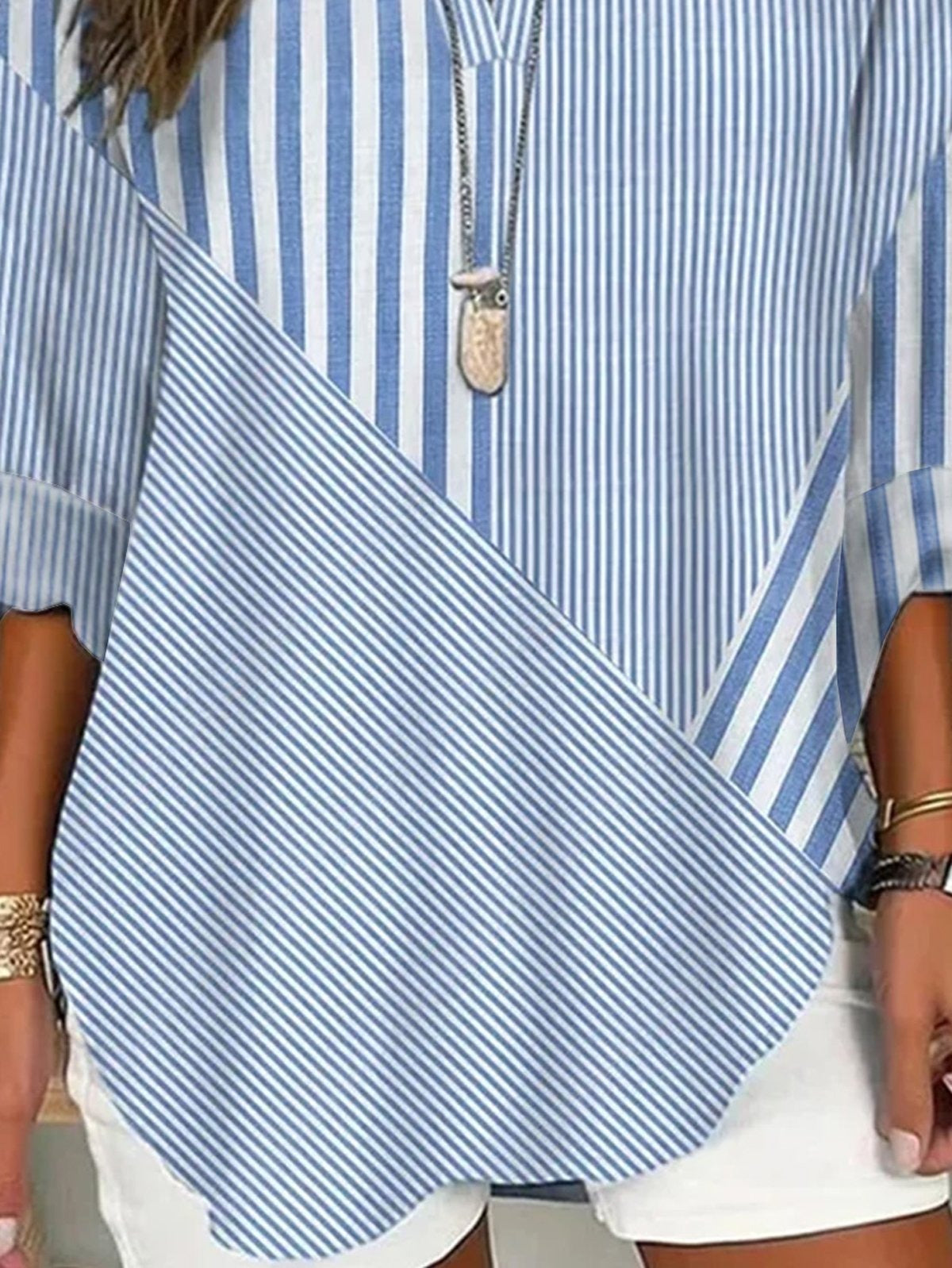 Women's Casual Striped Long Sleeve Notched Regular Loose Shirt