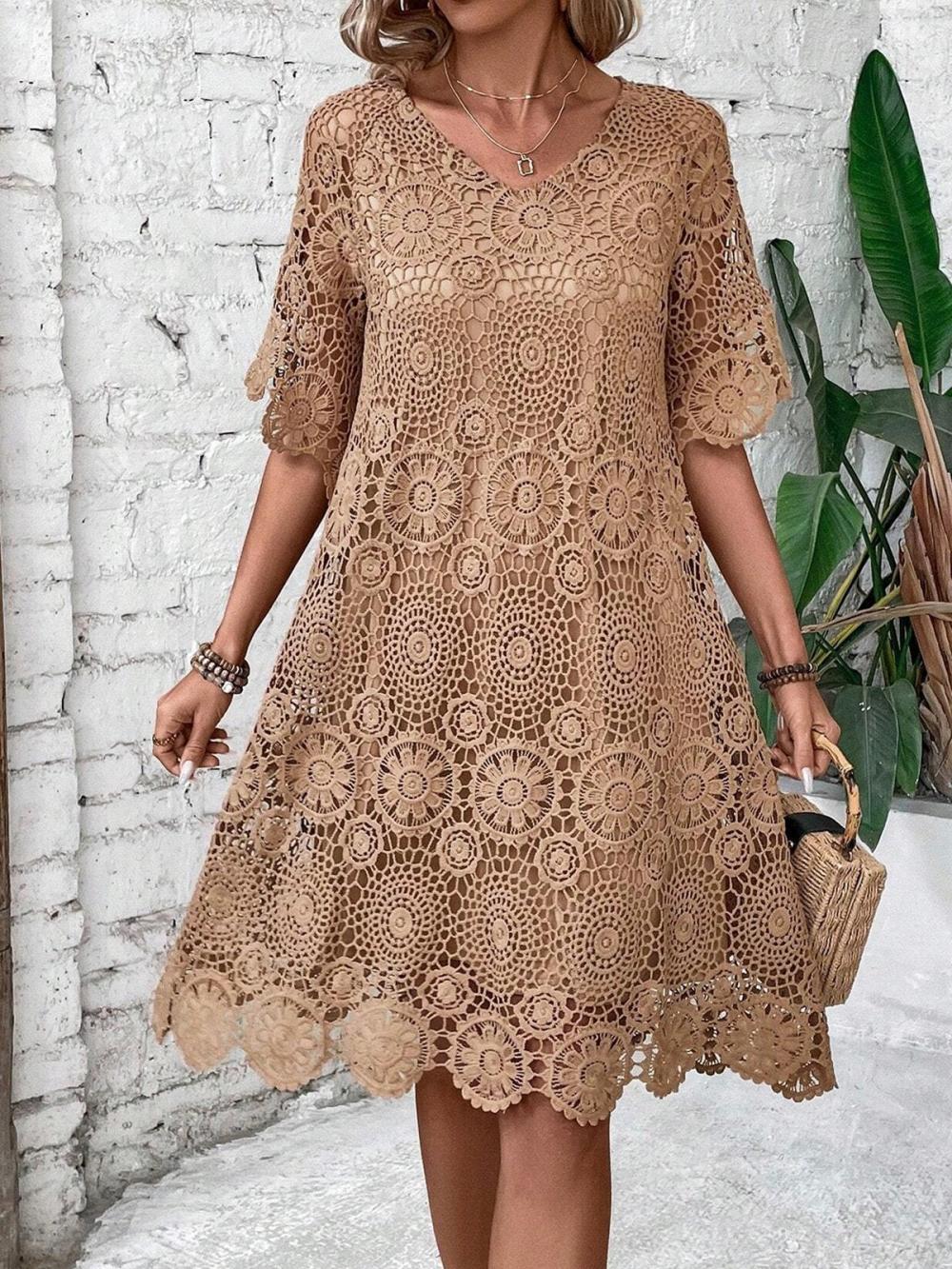 Women's Plain Crew Neck Short Sleeve Comfy Casual Lace Short Dress