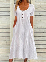 Women's Plain Crew Neck Short Sleeve Comfy Casual Buckle Maxi Dress