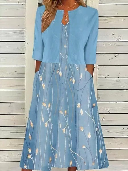 Vacation Loose V Neck Color Block Two-Piece Midi Dress