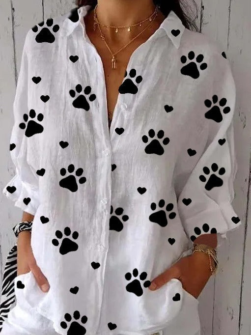 Linen Shawl Collar Heart/Cordate Half Sleeve Blouse