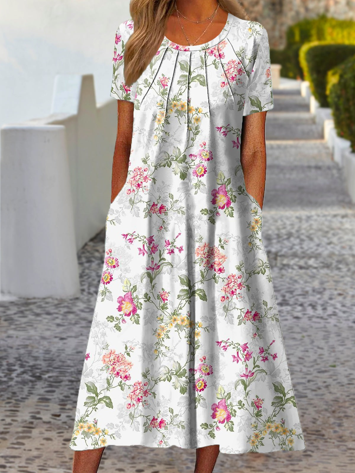 Crew Neck Floral Casual Short Sleeve Midi Dress