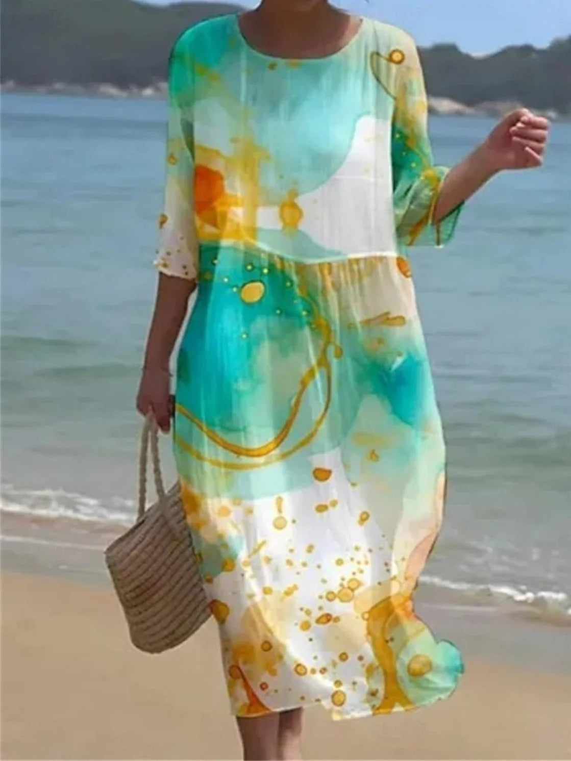 Random Print Casual Crew Neck Half Sleeve Midi Dress