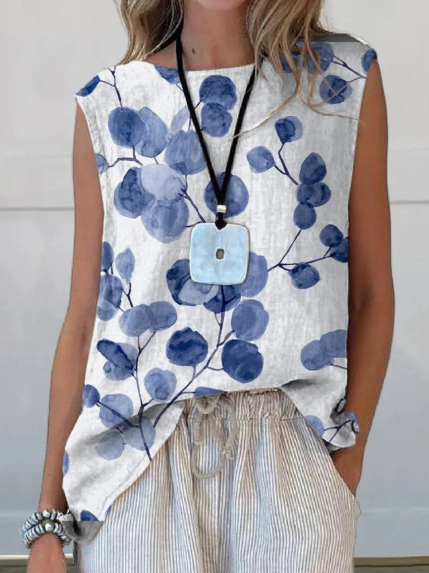 Round Neck Casual Loose Floral Print Tank Top