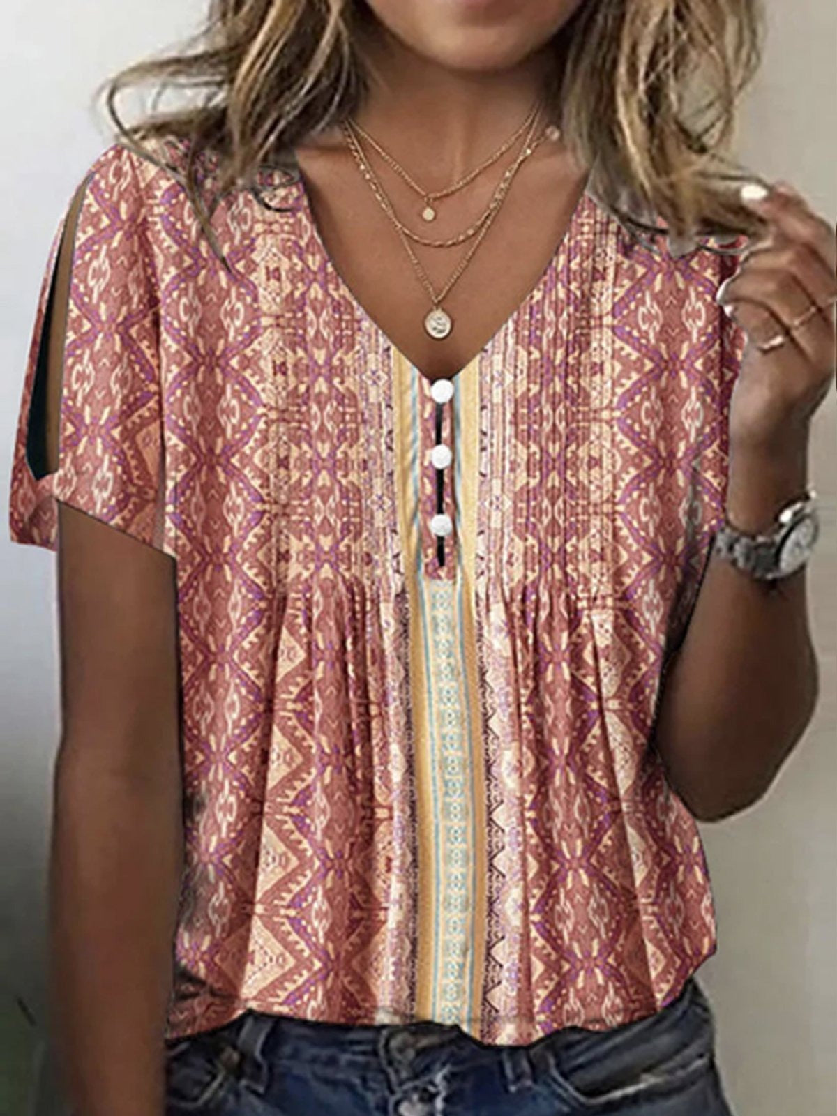 Casual Floral Print V-Neck Short-Sleeved T-Shirt