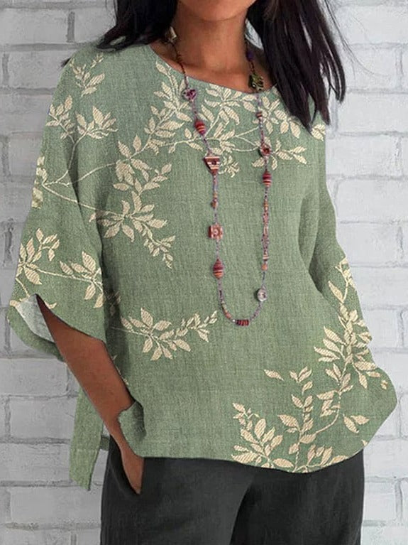 Leaf Print Crew Neck Half Sleeves Loose Blouse