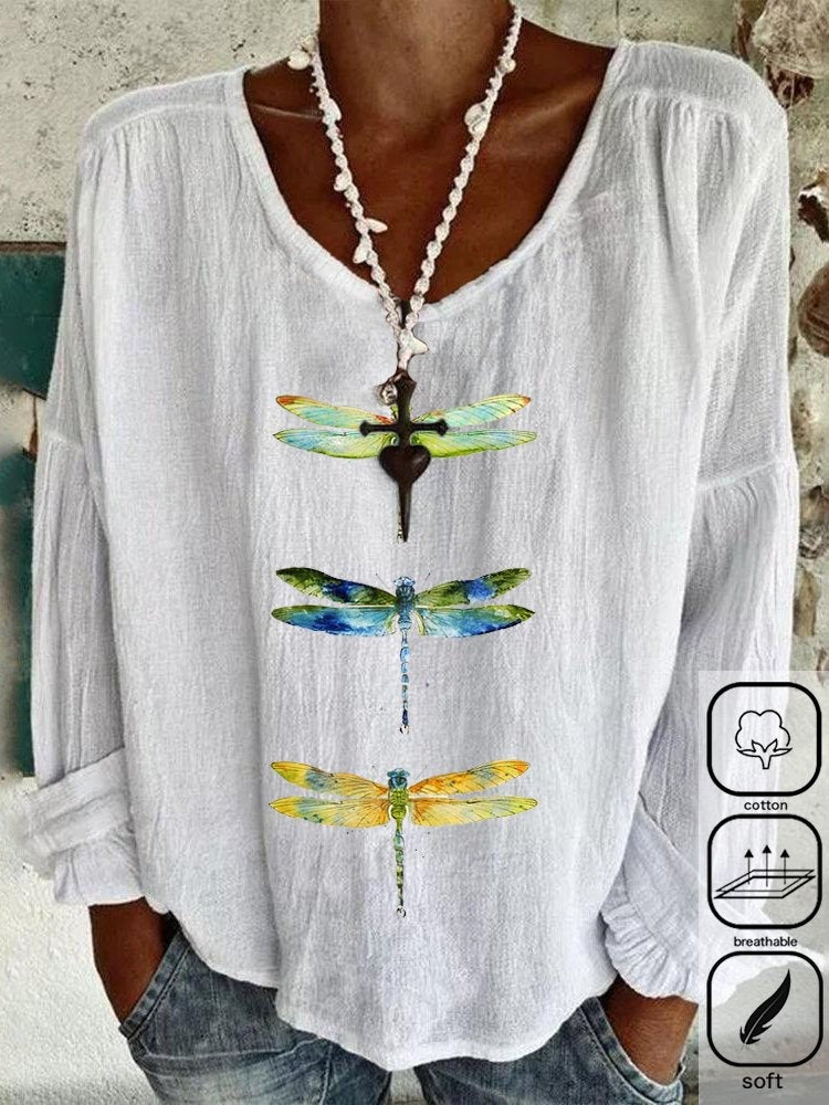 Dragonfly Print Crew Neck Long Sleeves Loose Blouse