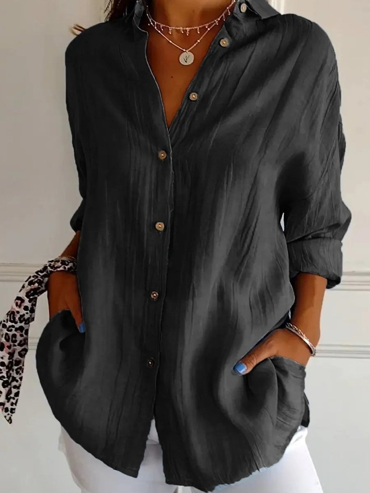Solid Color Shirt Collar Loose Sleeves Casual T-shirt