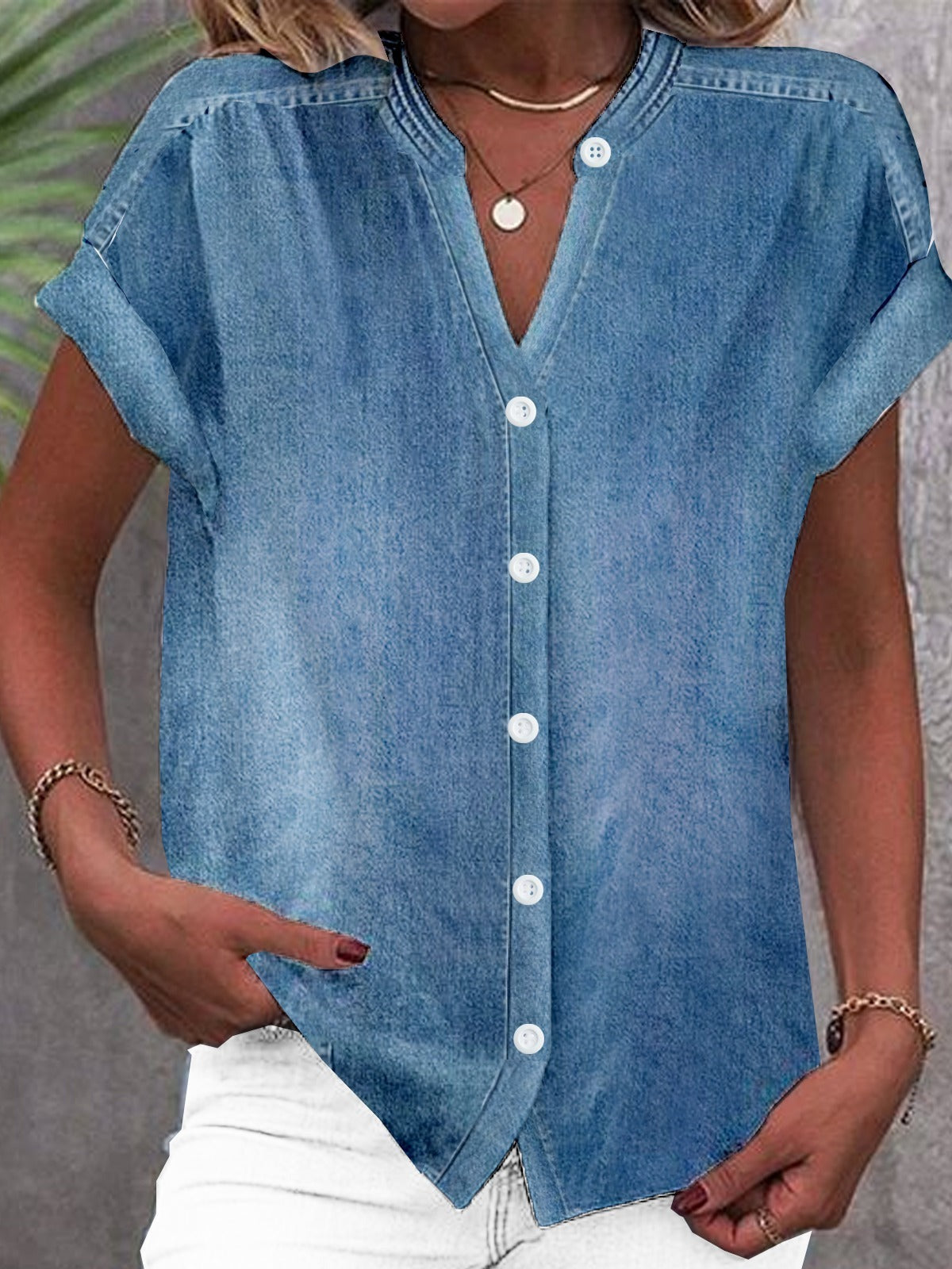 Casual Denim Stand Collar Short Sleeve Shirt